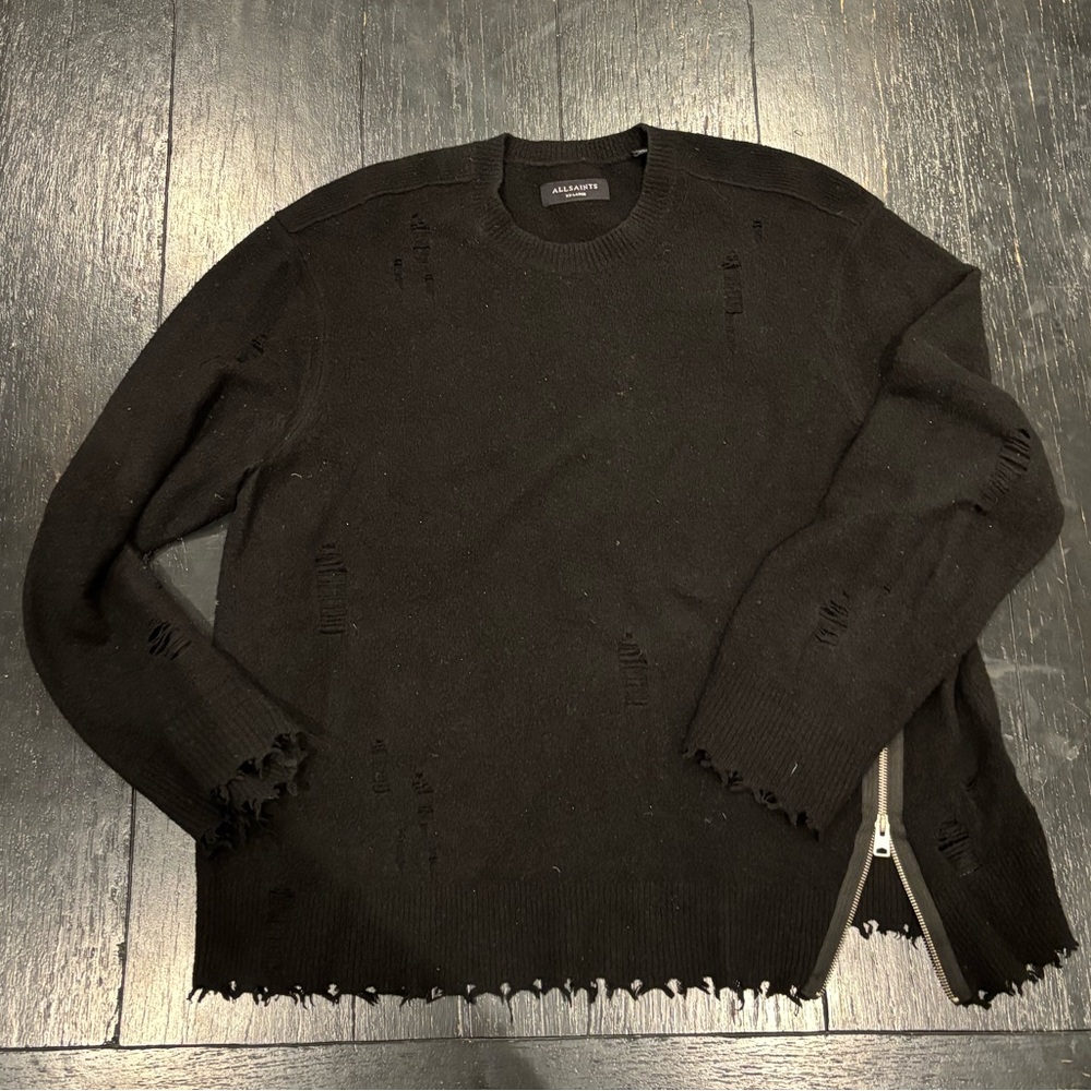 All Saints Distressed Black Crewneck Cashmere Sweater